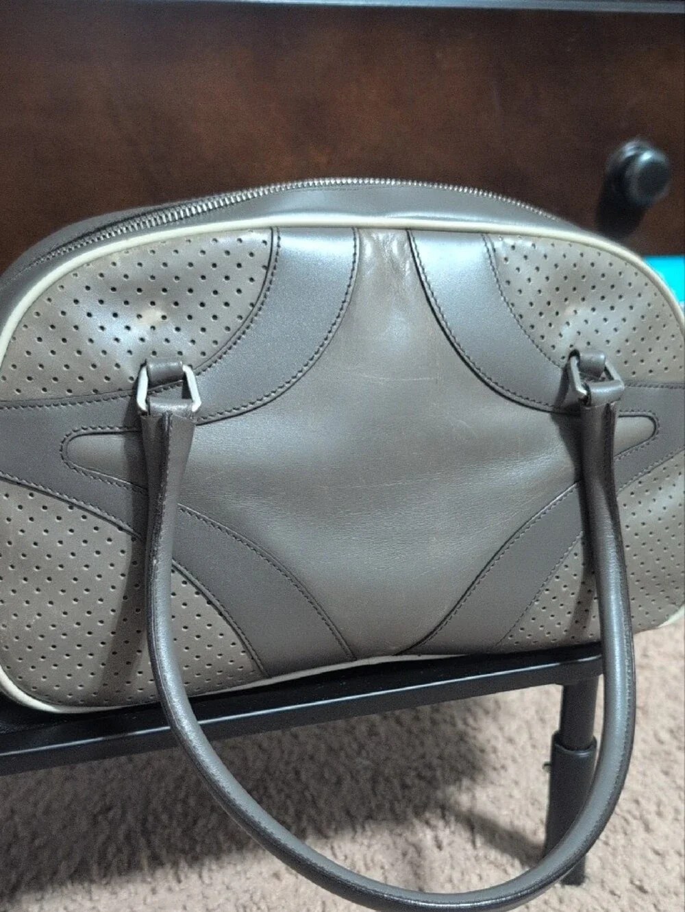 PRADA Vitello Drive Perforated Bowler Bag - Gray